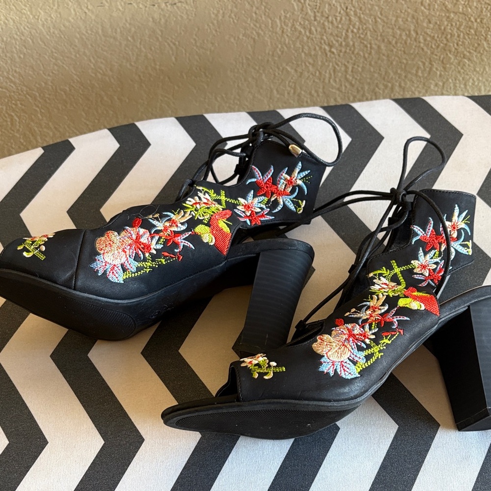 Embroidered Black Women's Heels